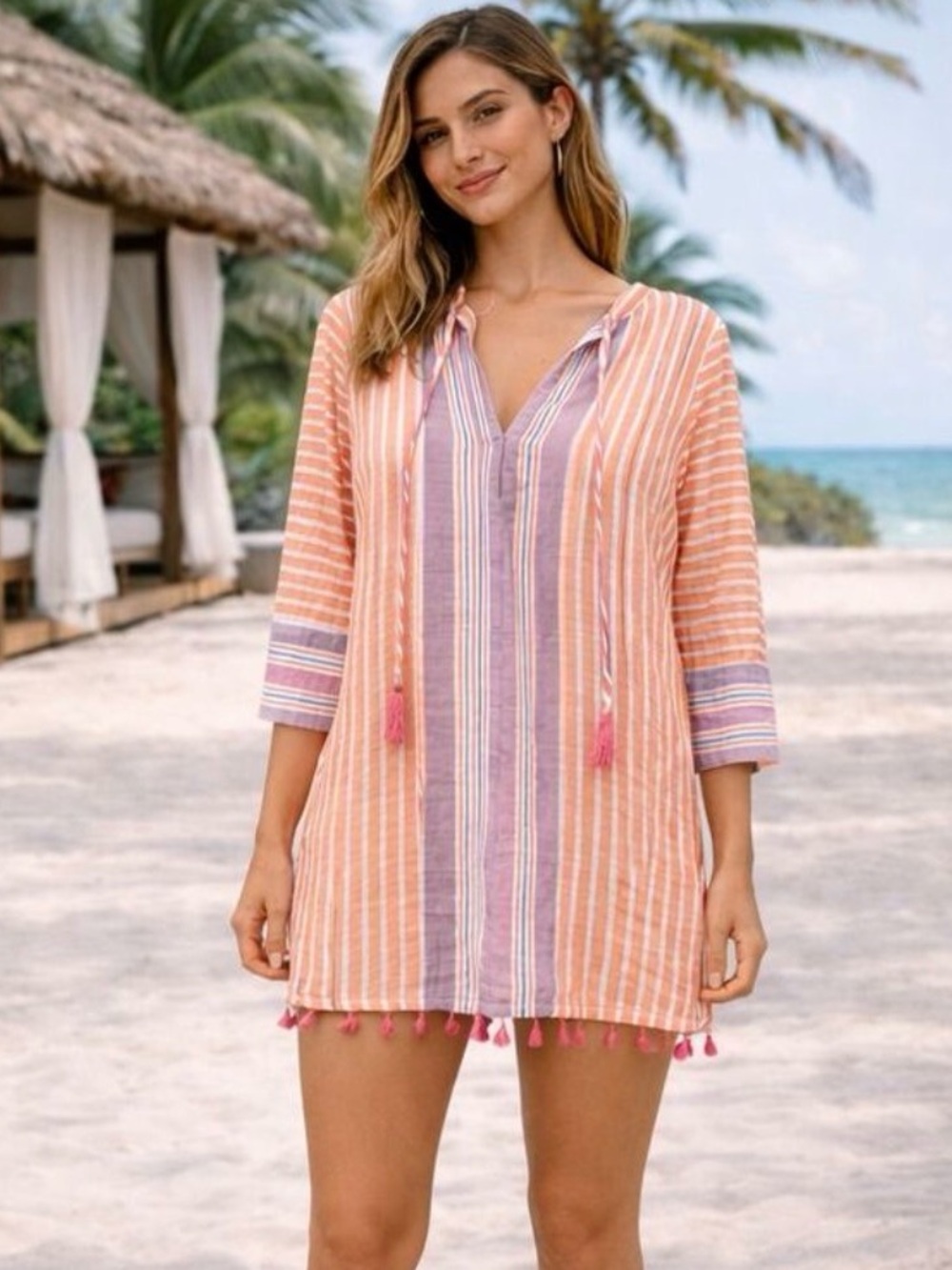 J.Crew Orange & Pink Striped Tassel Beach Cover-Up | Size Small
